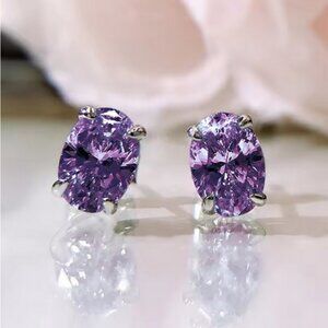 925 Silver Womens 2ct Oval Purple Amethyst Gemstone Stud Earrings Ladies Jewelry